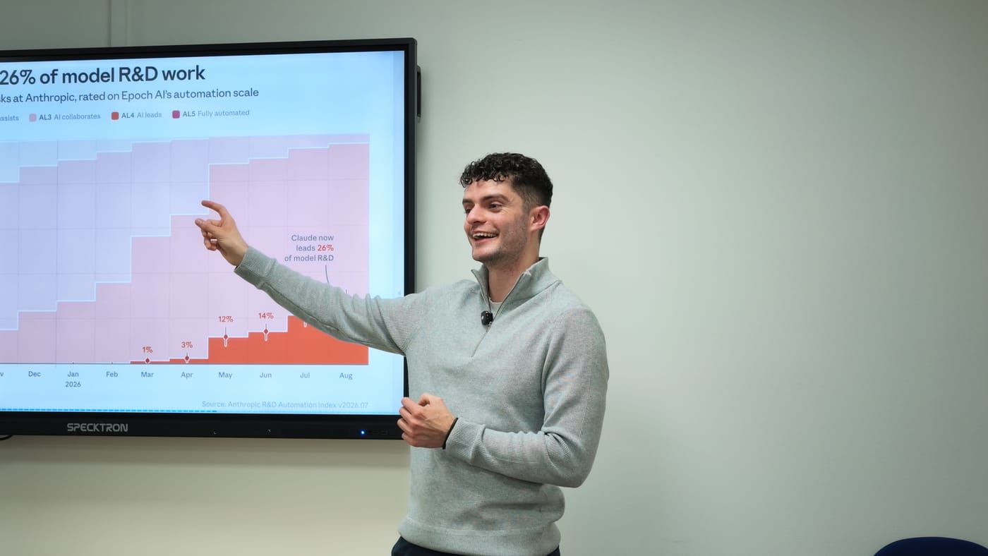Liam Coyle presenting a chart on AI research at Cookstown Enterprise Centre