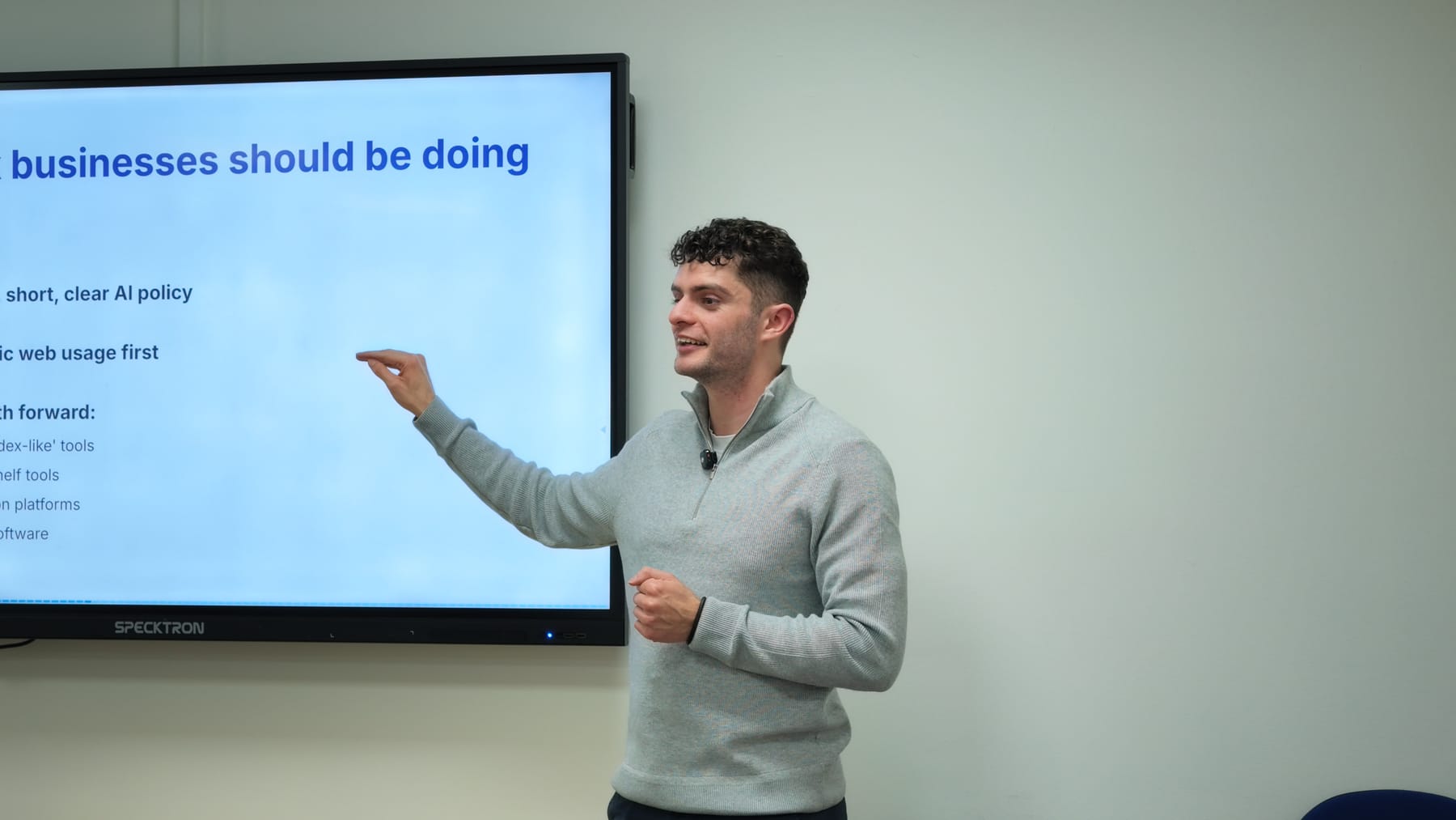 Liam Coyle presenting what businesses should be doing about AI at Cookstown Enterprise Centre